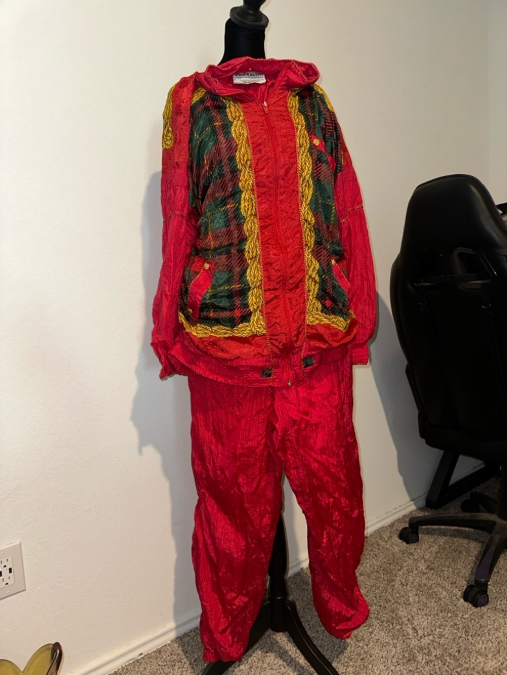 Vintage Red Two-Piece Tracksuit with Green & Gold Plaid Panels